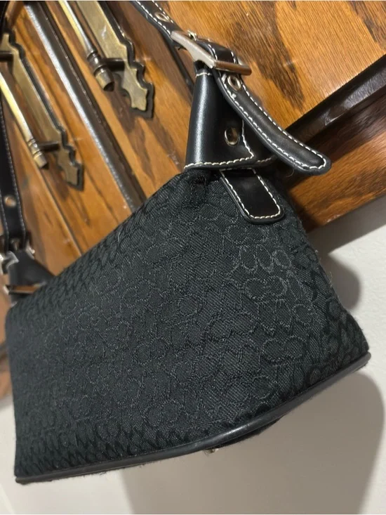 Black Canvas Mini Hobo Shoulder Bag Purse Silver Hardware Y2K Vintage - Picture 2 of 8